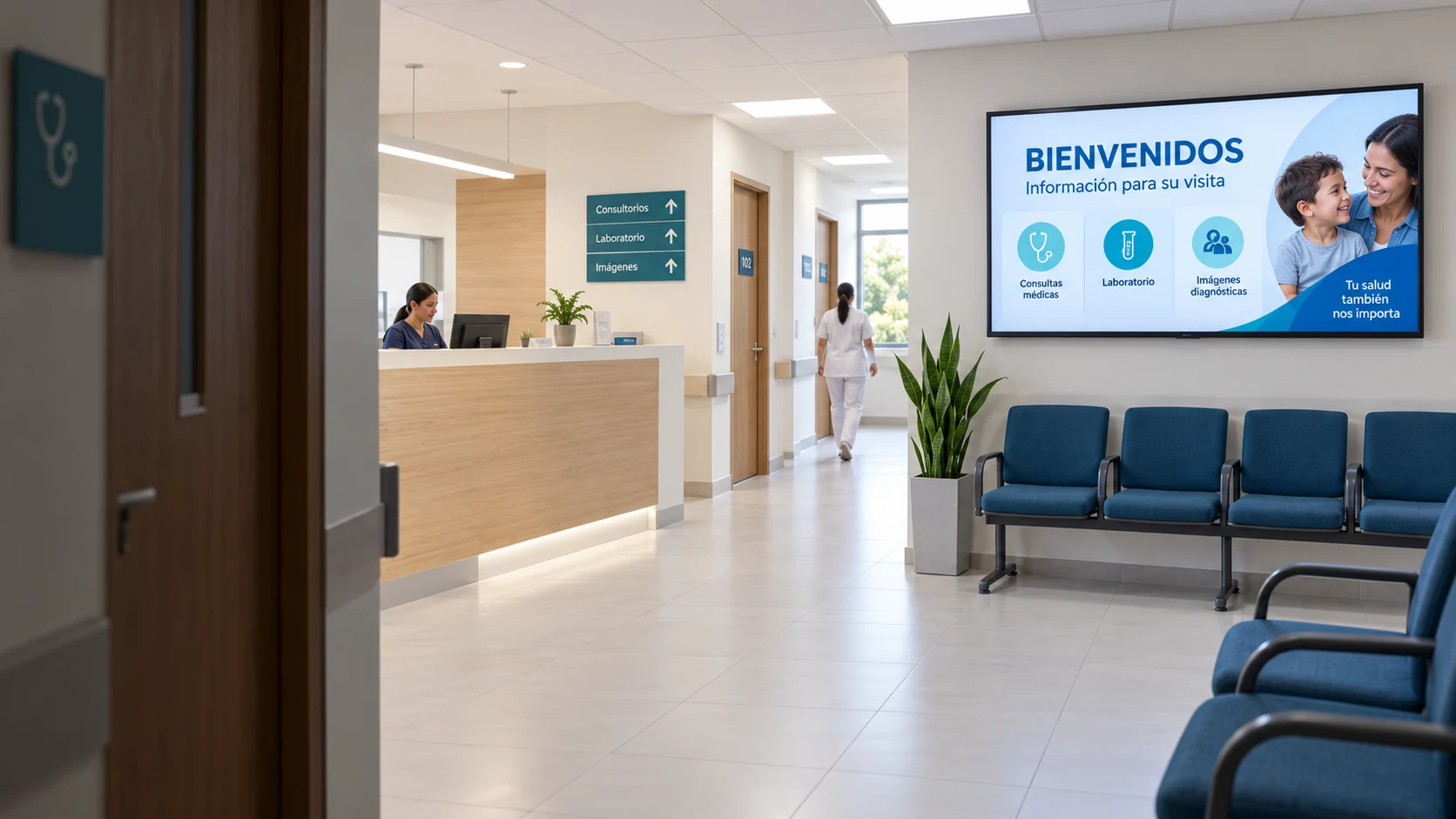 Visualización de una pantalla informativa en una sala de espera