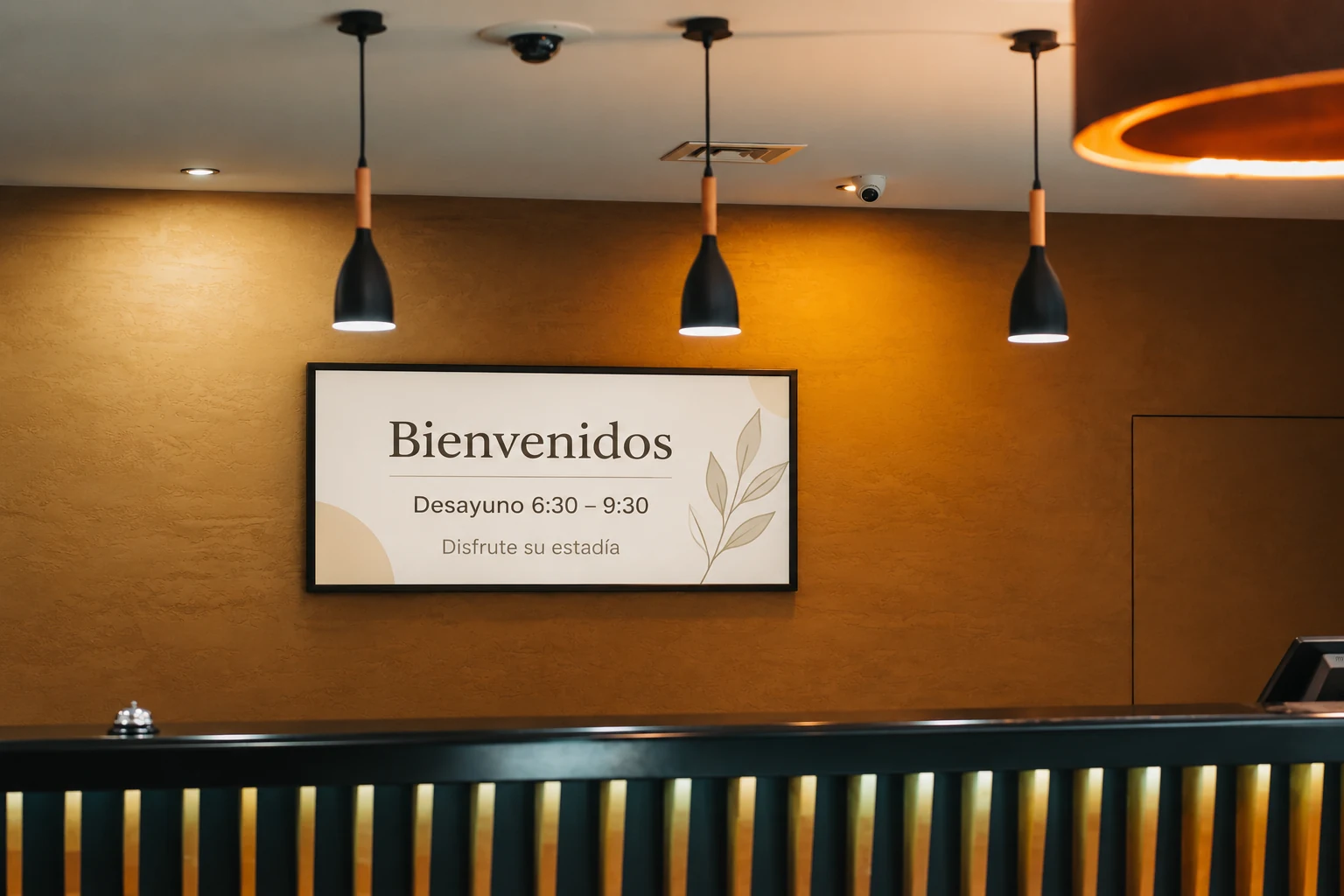 Ejemplo ilustrativo de bienvenida y servicios en una pantalla de recepción de hotel
