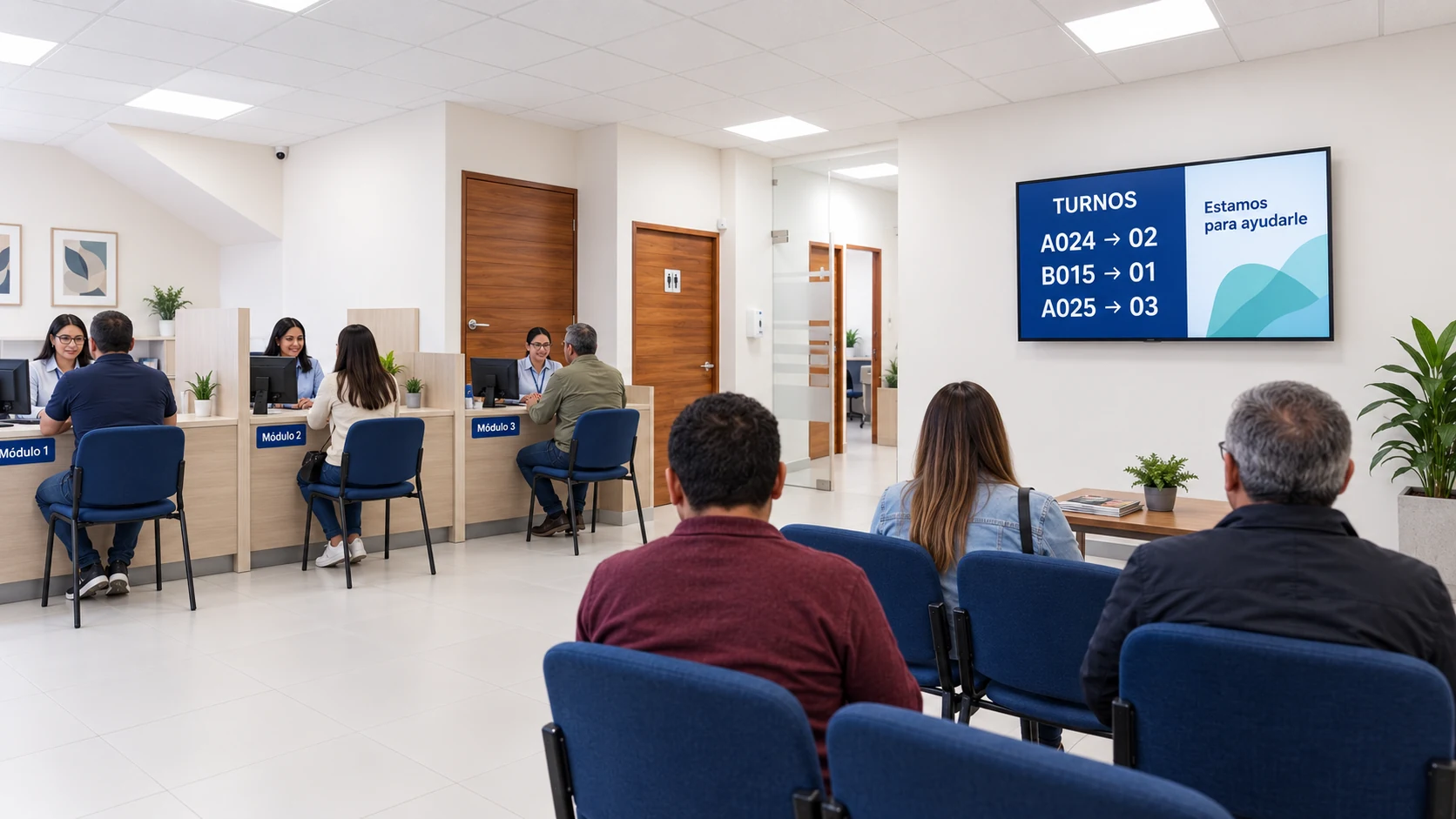 Escenario ilustrativo de oficina de atención con turnos y módulos en una pantalla compartida con avisos