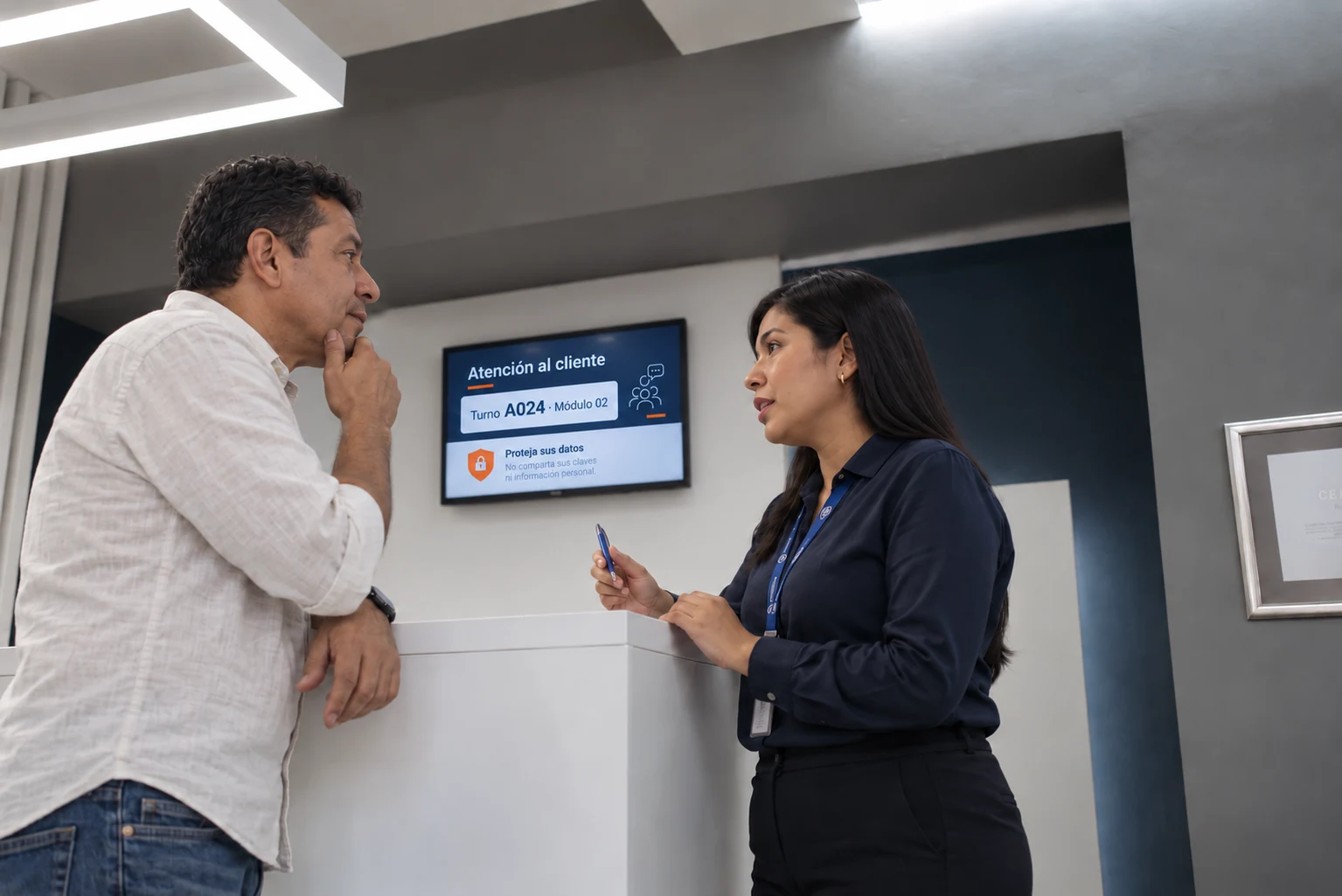 Escena ilustrativa de atención financiera con pantalla de turnos y orientación al cliente
