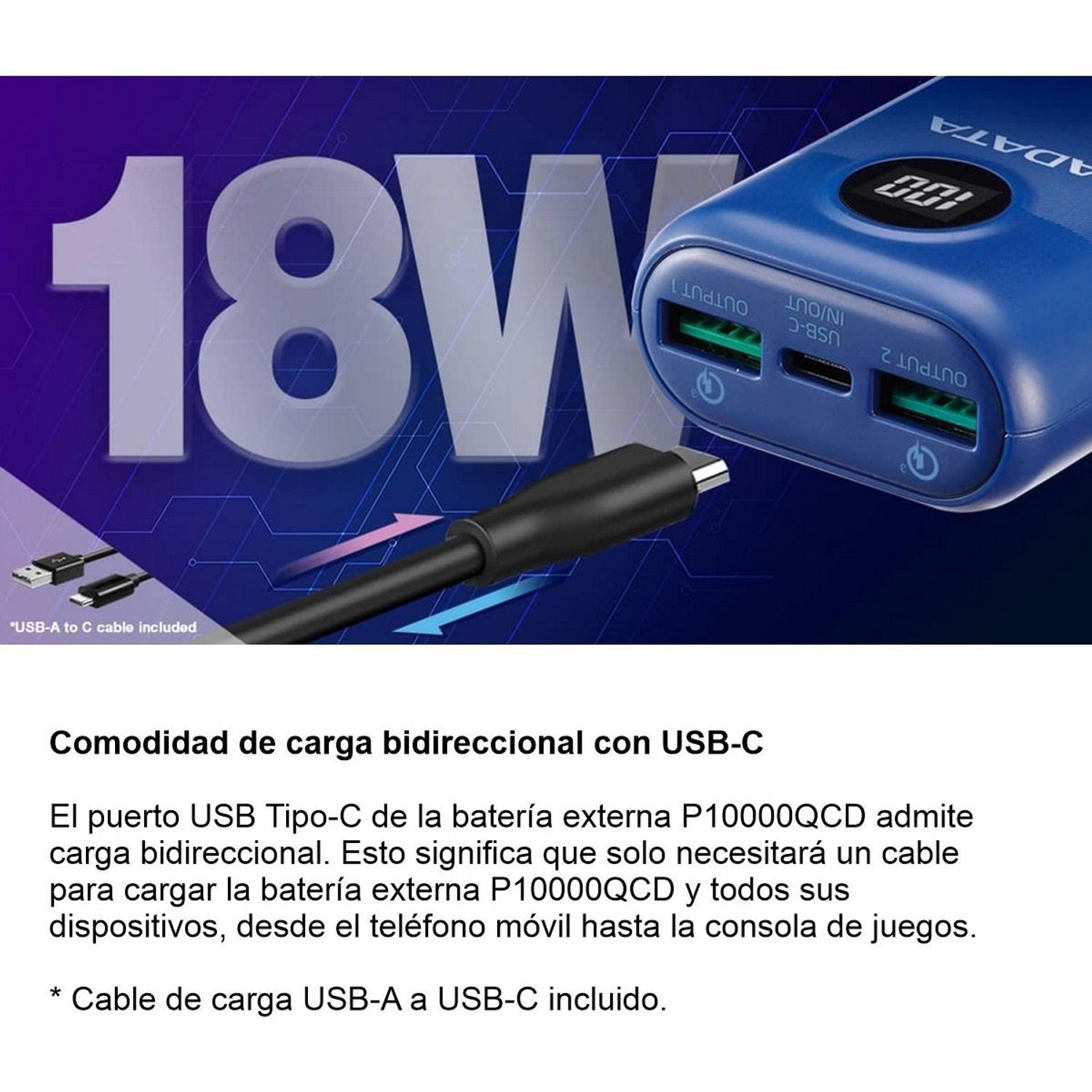 Power Bank Adata P10000QCD · Carga Rapida